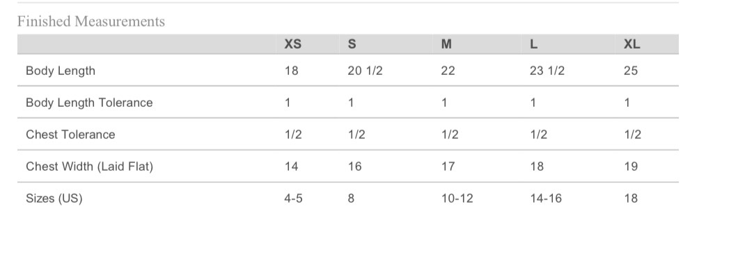 Youth T-shirt sizing chart